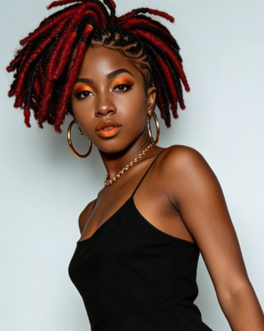 D'Licious — crimson-and-black locs, teal bandana, gold hoops